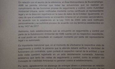ALERTA: El Área Metropolitana de Bucaramanga, informa a la comunidad que falsos funcionarios estarían cobrando por hacer efectivos tramites que son propios del AMB como autoridad ambiental y no ocasionan costos a los ciudadanos.